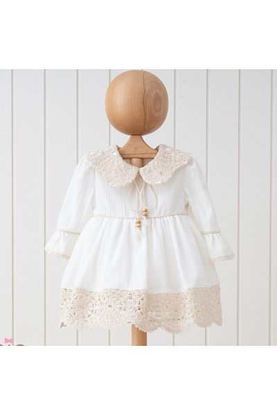 PARK BEBE baby girl dress lace collar muslin linen fabric 100% cotton