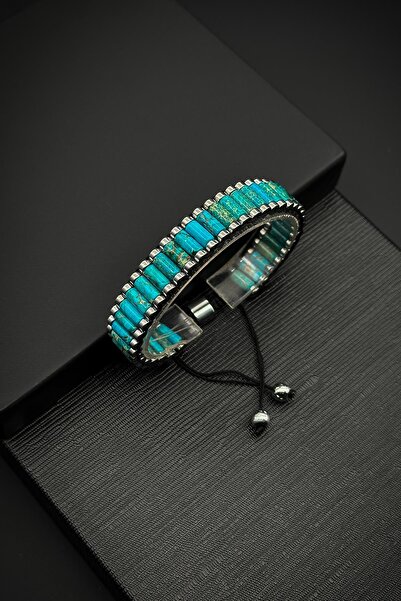 FRNCH Varisit Doğal Taşlı Mavi Renkli Ayarlanabilir Makrome Erkek Bileklik FR...