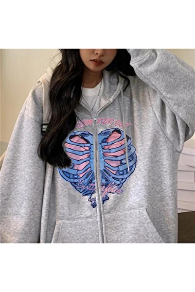 Toum سترة بغطاء للرأس للجنسين من Ronronner Cat Rib مطبوعة بسحاب رمادي كبير الحجم