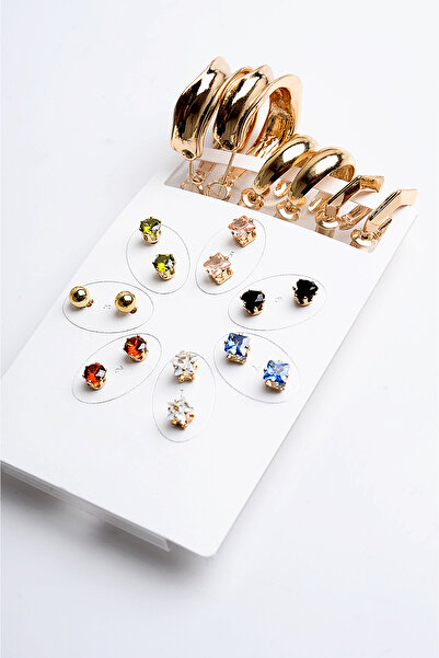 EUROMODA Halka Tektaş Ve Top Küpeli Zirkon Taşlı Gold Ve Gümüş Kaplamalı 10lu Küpe Seti