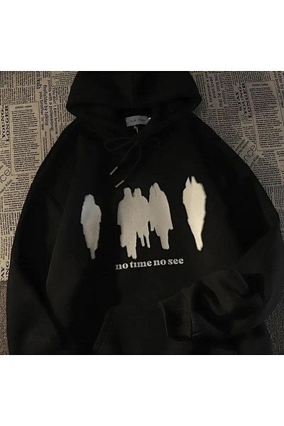 Toum Y2k No Time No See Printed Oversize Unisex Black Hooded Hoodie Sweatshirt