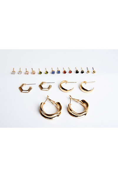 EUROMODA Halka Tektaş Ve Top Küpeli Zirkon Taşlı Gold Ve Gümüş Kaplamalı 10lu Küpe Seti