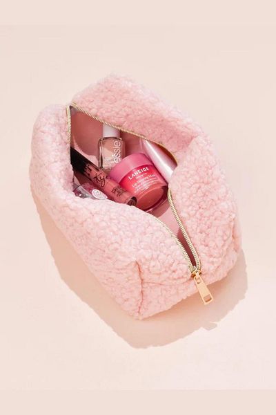 BAHELS Pink Teddy Plush Makeup Bag - Medium Size, Modern Design826334