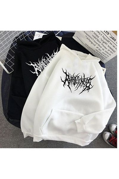 Toum Magnaqia Gothic Graffiti Hanorac oversize unisex alb cu glugă