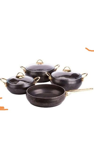 Özkent Granite 7 Piece Casserole Set Gold Handle Black K-540 Cookware Set