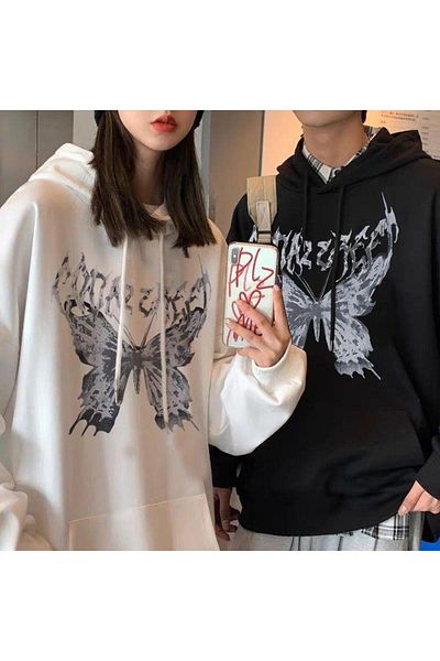 Touz Moda Φούτερ Harajuku Butterfly Oversize Unisex με λευκή κουκούλα με κουκούλα