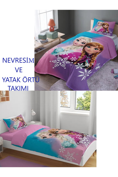 balliev Pembe Mavi Elsa Desenli Tek Kişilik Nevresim Takımı Ve Pike Takımı ( 2 Takım Tek Fiyat )