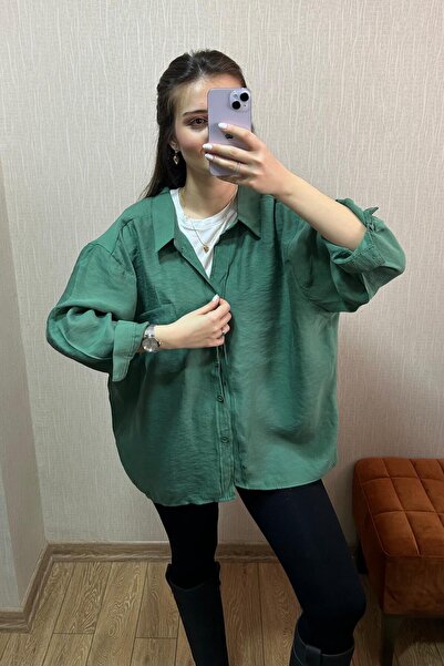 MLS Butik KADIN OVERSIZE SALAŞ TEK CEPLİ GÖMLEK ZÜMRÜT