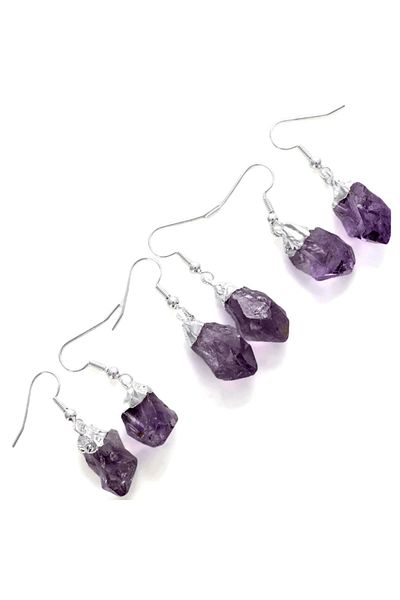 Tesbih Atölyesi Certified Raw Unprocessed Amethyst Stone Earrings