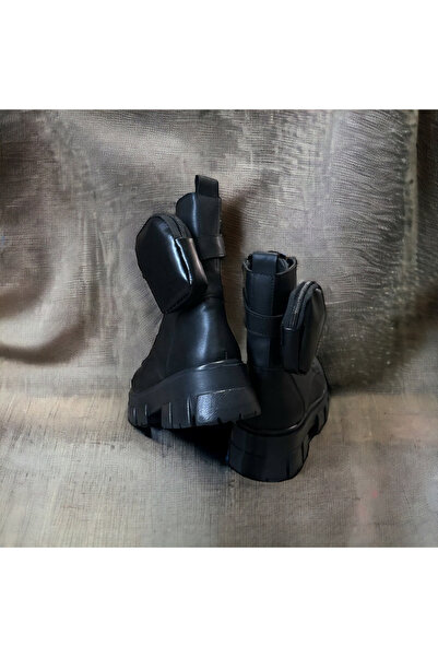 Mağaza Dünyası Kadın Siyah Bot Içi Yünlü Su Geçirmez Kauçuk Tabanlı Yandan Çıkartmalı Cepli