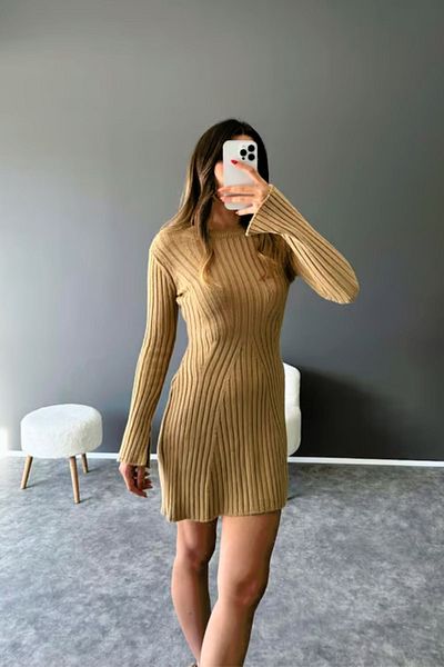 FMN Moda tricotaje de damă camel mini lungime rochie cu nervuri fustă clopot pinterest decolteu
