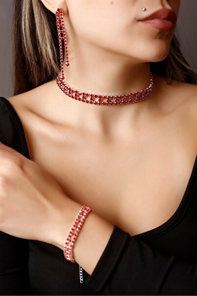 HUBANN Stylish Tasarım Kırmızı Taşlı Kristal Choker Kolye, Küpe Ve Bileklik S...