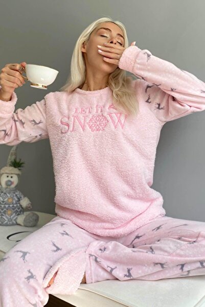 Pijamaevi Powder Pink Let It Snow Patterned Women's Plush Pajama Set