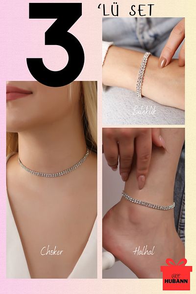 HUBANN 3-Piece Waterway Set Choker, Bracelet and Anklet Set 2-Row Waterway Set