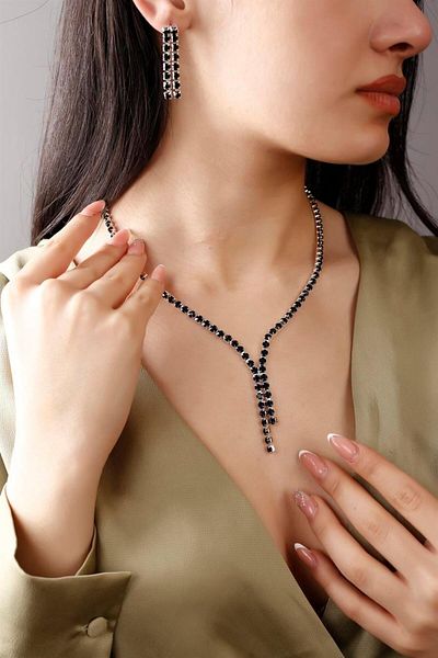 HUBANN Navy Blue Waterway Necklace and Earrings Set Special Occasions Wedding Engagement Evening Dress Set Choker