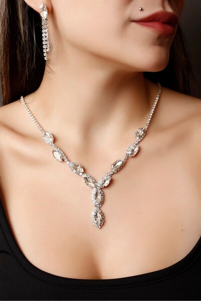 Silver Plated Silver Crystal Gemstone Necklace And Earrings Set Special Occasion Set Wedding Set Engagement Evening Dress Set G