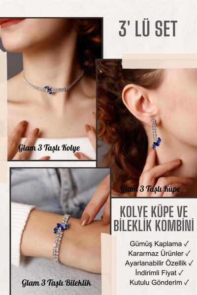 HUBANN Gümüş Kaplama Mavi Taşlı Glam 3' lü Set Su Yolu Kolye, Bileklik ve Küp...