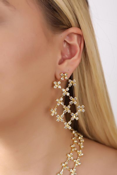 HUBANN Waterway Square Pattern Special Design Jewelery Set Necklace and Earring Set Gold Color