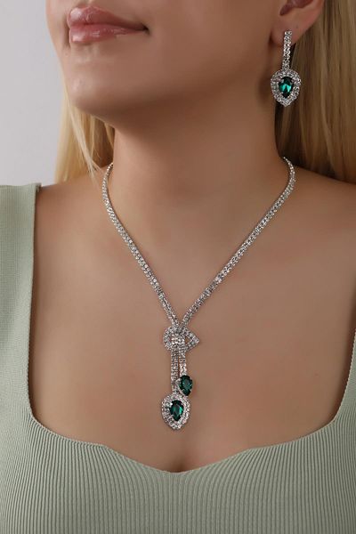HUBANN Stylish Water Path Green Drop Stone Necklace Earring Set Bridal Jewelry Set Engagement Set Party Invitation Set
