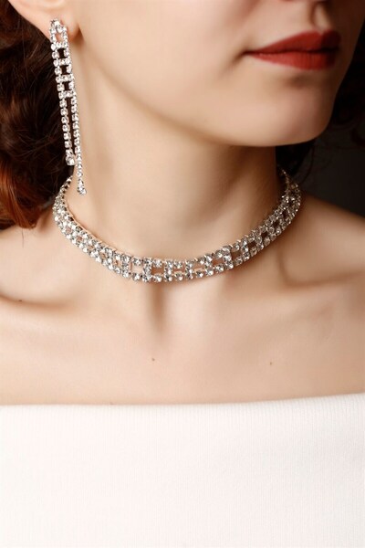HUBANN Stylish Tasarım Gümüş Taşlı Kristal Choker Kolye Ve Küpe Set Pırlanta ...