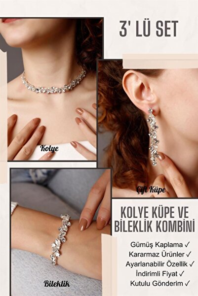 HUBANN Gümüş Kaplama Stylish Taşlı Su Yolu 3' lü Set Choker Kolye, Bileklik v...