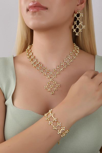 HUBANN Waterway Square Pattern Special Design Jewelery Set Necklace Earring Bracelet Set 3 Piece Gold Color