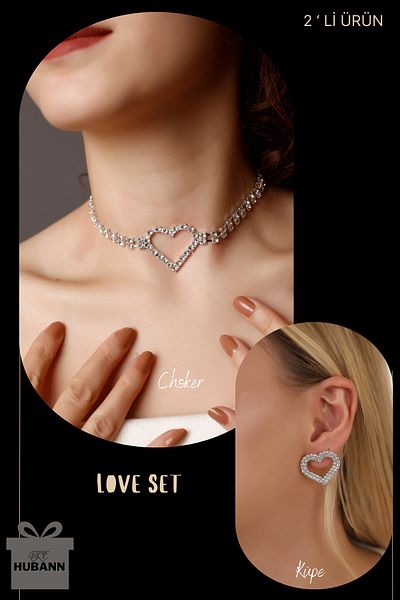 HUBANN Silver Love Set of 2 Heart Choker Heart Earrings Water Path Set Love Set Necklace Earring Set