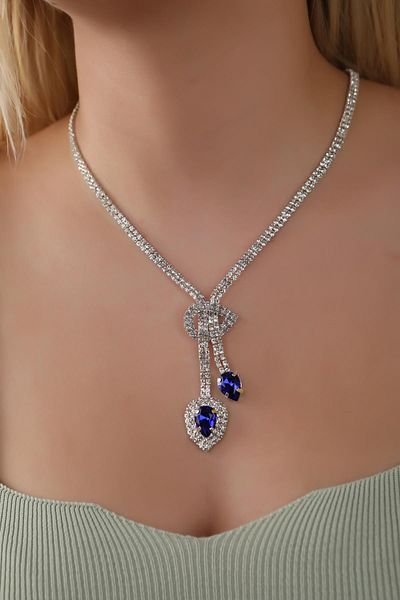 HUBANN Stylish Water Path Blue Drop Stone Necklace Earring Set Bridal Jewelry Set Engagement Set Party Invitation Set