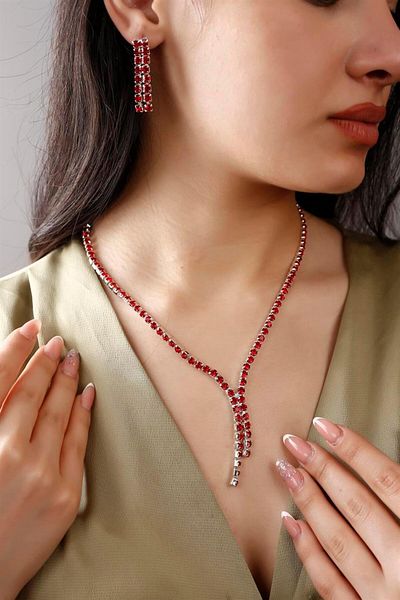 HUBANN Red Waterway Necklace And Earring Set Special Occasions Wedding Engagement Evening Dress Set Choker