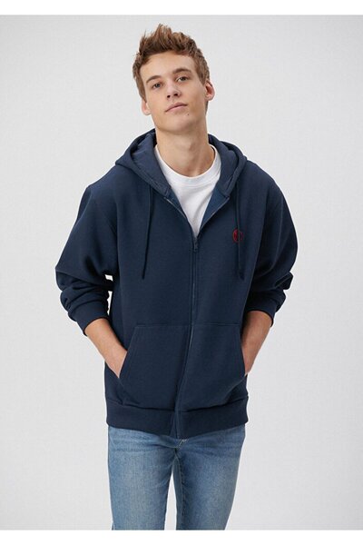 Mavi Blue Men's Logo Hooded Zippered Navy Blue Sweatshirt 066979 -70490