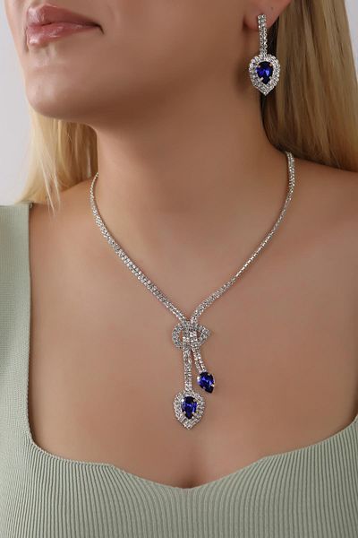 HUBANN Stylish Water Path Blue Drop Stone Necklace Earring Set Bridal Jewelry Set Engagement Set Party Invitation Set