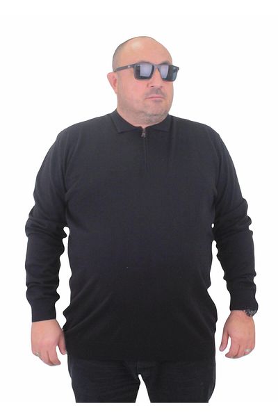 MocGrande Men's Large Size Polo Collar Zippered Knitwear Sweater 23701 BLACK