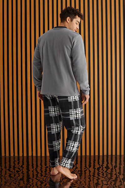 Pijamaevi Gri Beyaz Ekose Desenli Polar Erkek Pijama Takımı