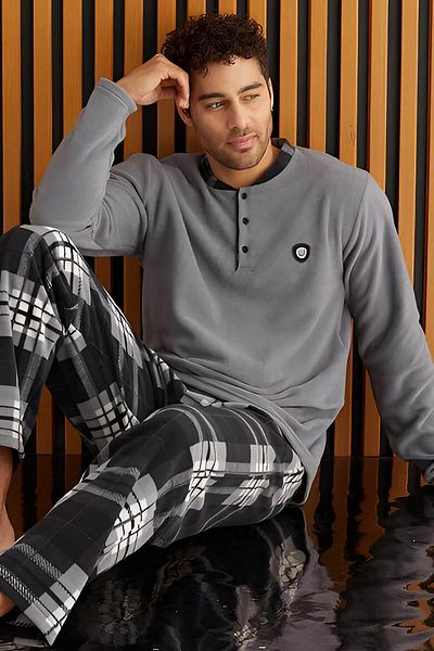 Pijamaevi Grau-weiß kariertes Fleece-Herren-Pyjama-Set
