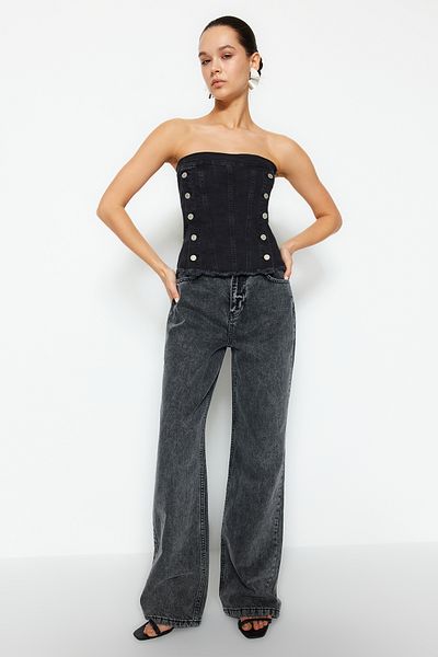 Trendyol Collection Bustieră de denim fără bretele cu nasturi negri TWOSS24BS00000