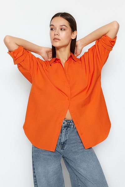Trendyol Collection Koszula bawełniana oversize w kolorze pomarańczowym, tkana w szeroki wzór TWOSS22GO0669