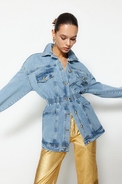 Trendyol Collection Light Blue Elastic Waist Gold Button Detailed Oversize Long Denim Jacket TWOSS24CE00013