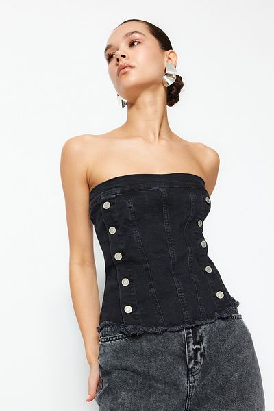 Trendyol Collection Bustieră de denim fără bretele cu nasturi negri TWOSS24BS00000