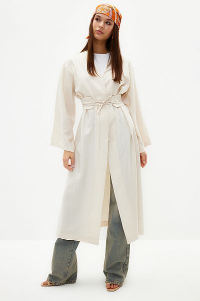 Trendyol Modest Gewebter Kimono und Kaftan in Leinenoptik mit steinernem Taillenband-Detail TCTSS24KK00001