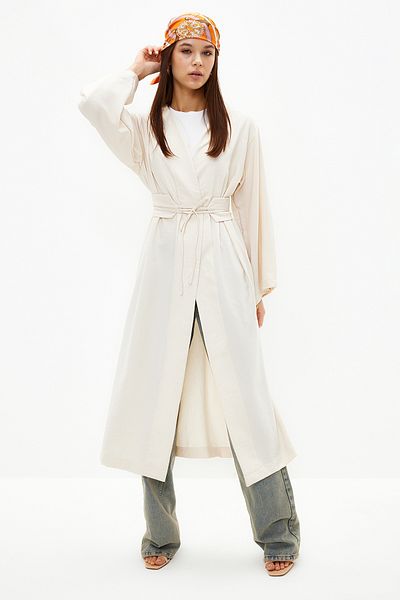 Trendyol Modest Gewebter Kimono und Kaftan in Leinenoptik mit steinernem Taillenband-Detail TCTSS24KK00001