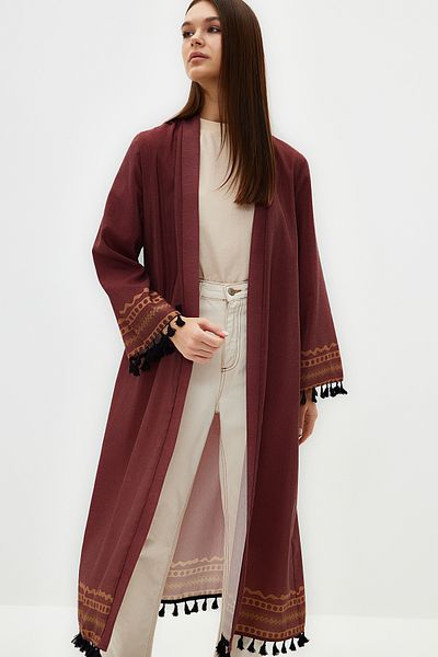 Trendyol Modest Hnědá etnická vzorovaná bavlněná směs dlouhé tkané kimono a kaftan TCTSS23KK00012