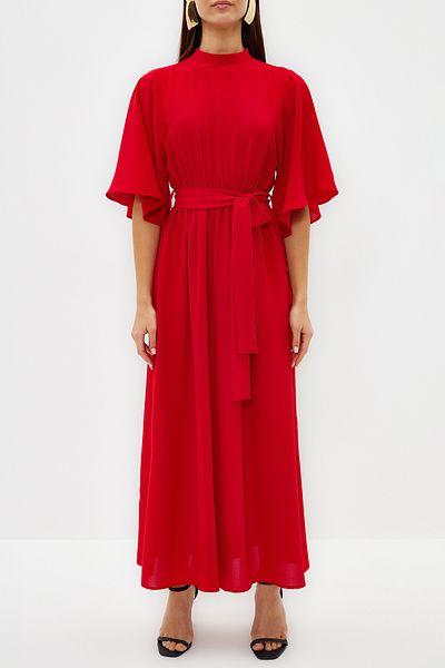 Trendyol Modest Korallenfarbenes, halbärmliges Webkleid mit Gürtel TCTSS24DB00009