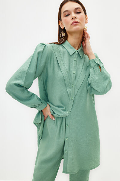 Trendyol Modest Πράσινο λινό πουκάμισο-υφαντό κοστούμι παντελόνι TCTSS23US00079