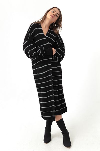 Lafaba Schwarz-grauer langer Strick-Cardigan mit Ballonärmeln für Damen