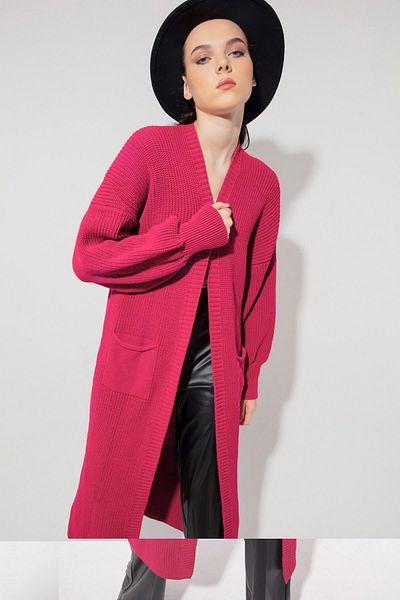 Lafaba Fuchsiafarbener langer Strick-Cardigan mit Ballonärmeln für Damen