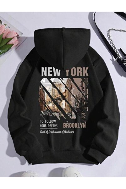 khufu سويت شيرت بقلنسوة أسود مطبوع من نيويورك بروكلين