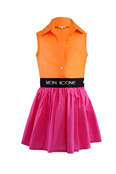 mon icone Girl's Crepe Fabric Orange Pink Standard Fit Shirt Collar Sleeveles...