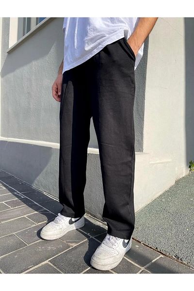FİTGO Oversize Black Unisex Straight Leg Seasonal Tracksuit Bottom