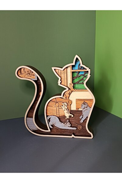 Rotaa Ahşap Mdf Çok Katmanlı Meraklı Kediler Dekoratif Obje