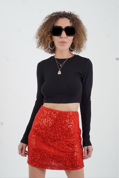 Zelish My Sister Red Sequined Lined Mini Skirt